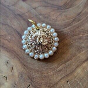 CC Round Faux Pearl Gold Tone Logo Button Pendant Charm